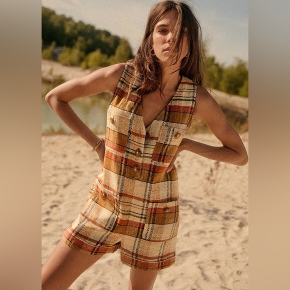 Sezane Pants - SÉZANE Zita Romper in Texas Jacquard (Rust Plaid)